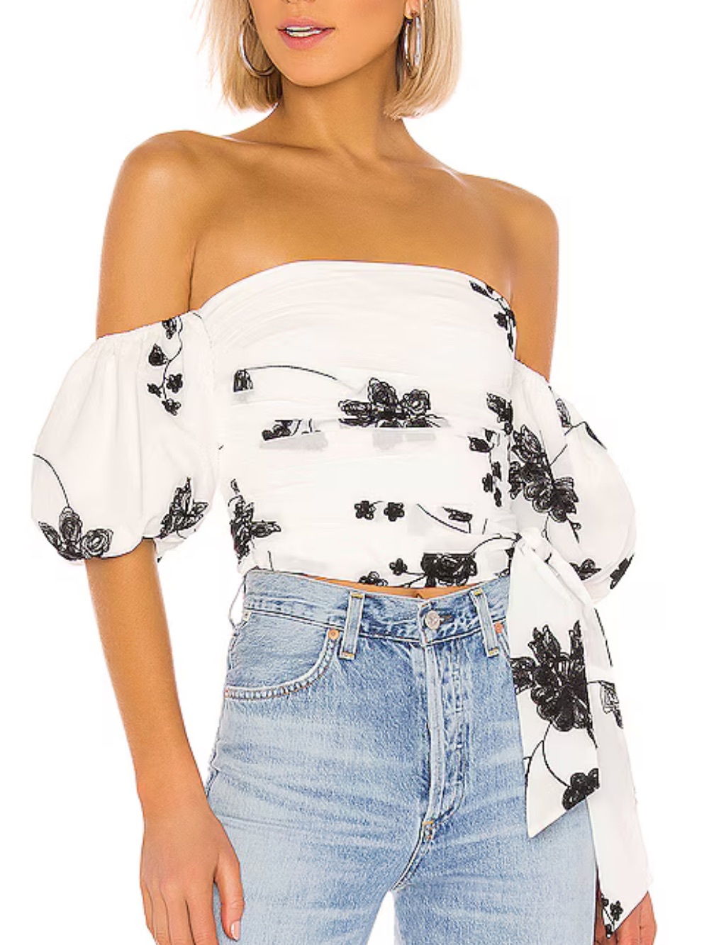 House of Harlow 1960 White Floral Off-Shoulder Puff Sleeve Crop Top